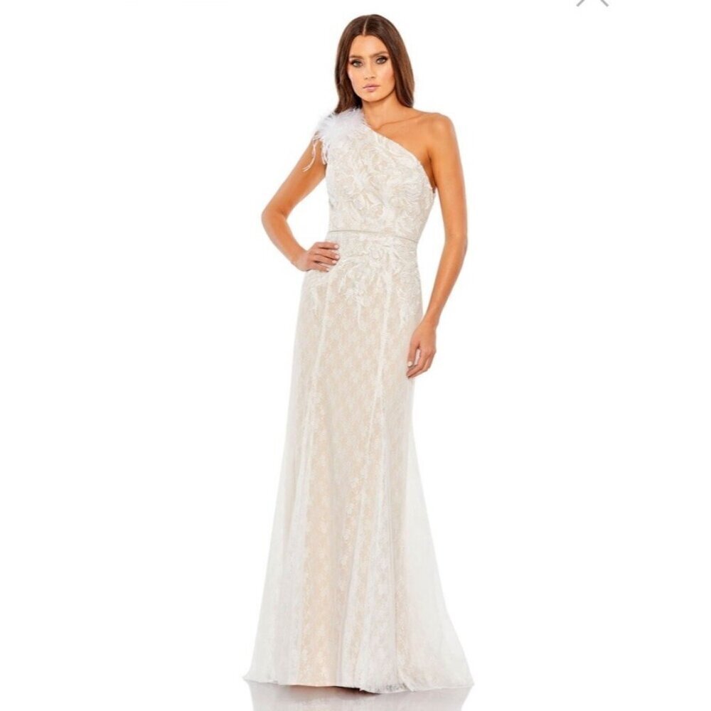 Mac Duggal Size 6 Ivory 11317 One-Shoulder Lace Feathers Gown Wedding Bride Prom